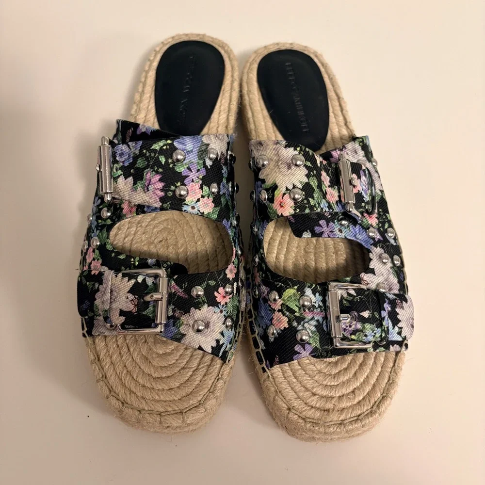 Rebecca Minkoff Jodi Floral Studded Espadrille Slide Sandals Black Multi 10.5M